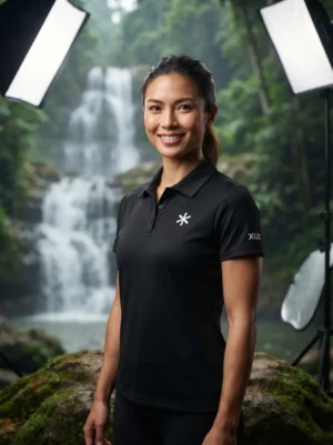Black performance athletic polo shirt for women, front view