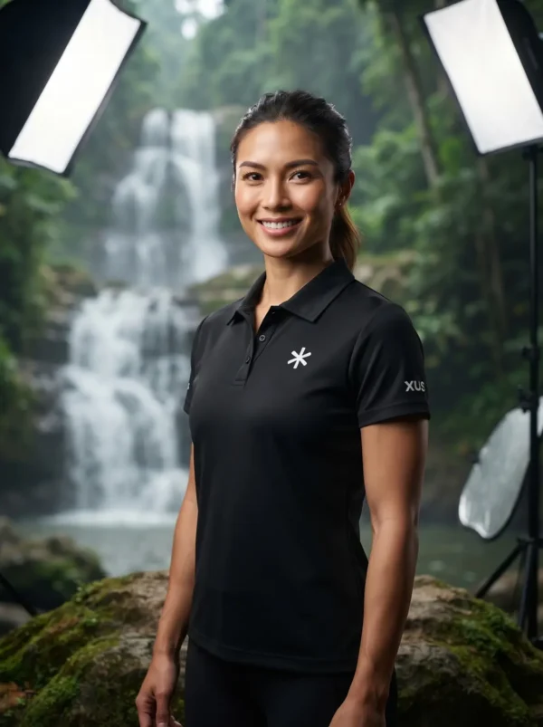 Gemini_Generated_Image_dn582vdn582vdn58 Black performance athletic polo shirt for women, front view