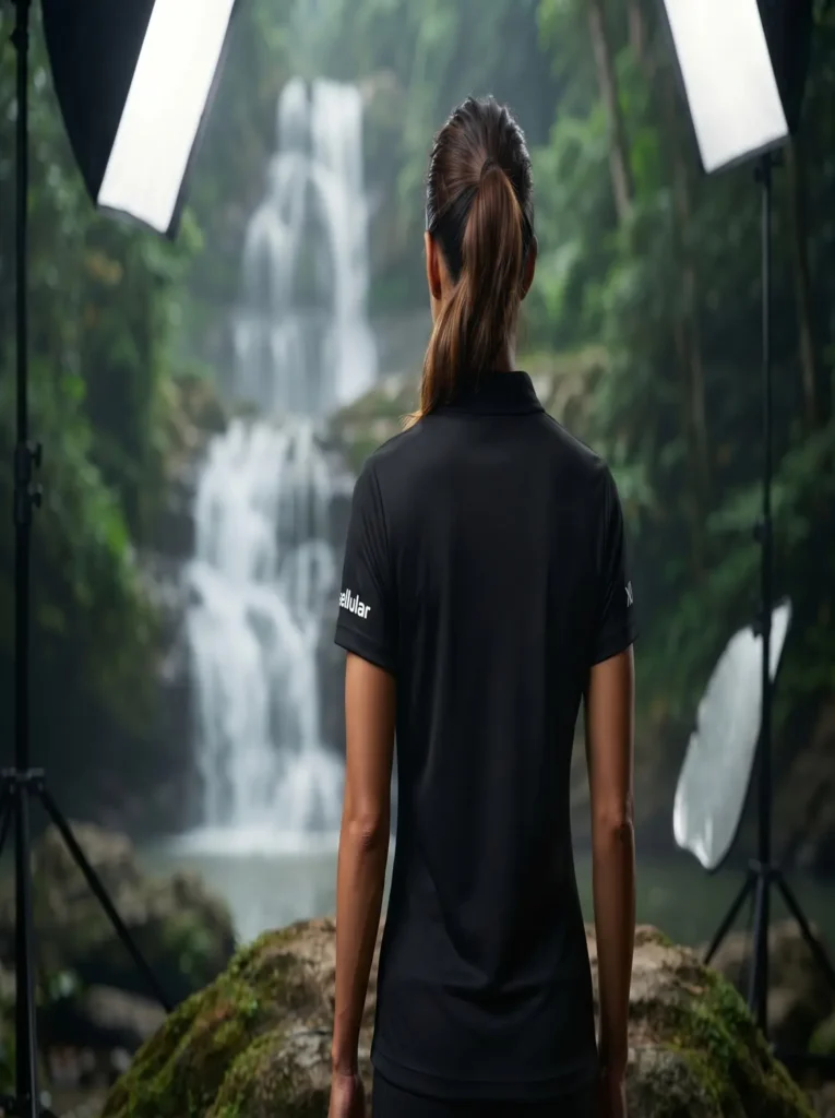 Black performance athletic polo shirt for women, styled view