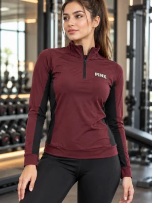 Victoria's Secret PINK Ultimate women's burgundy quarter zip athletic top front view