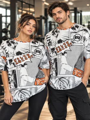 IMG_6805 Anime Manga Graphic oversized t-shirt in white, black and orange