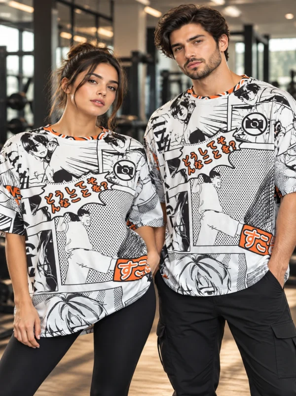 IMG_6805 Anime Manga Graphic oversized t-shirt in white, black and orange