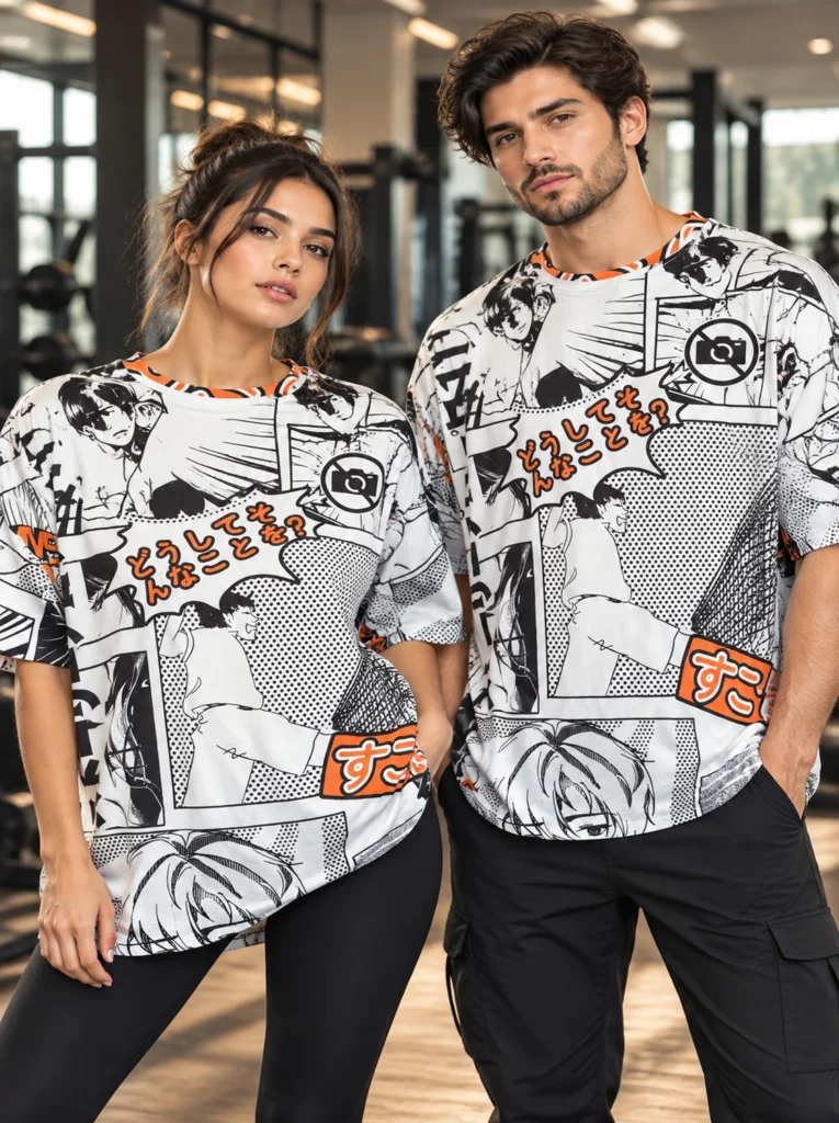 Anime Manga Graphic oversized t-shirt in white, black and orange