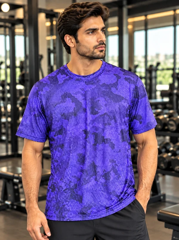IMG_6819 Purple camo performance t-shirt for men by SPORT-TEK, front view