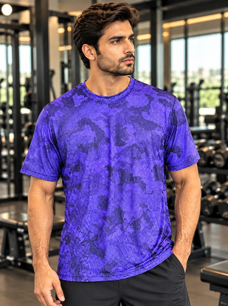 Purple camo performance t-shirt for men by SPORT-TEK, front view