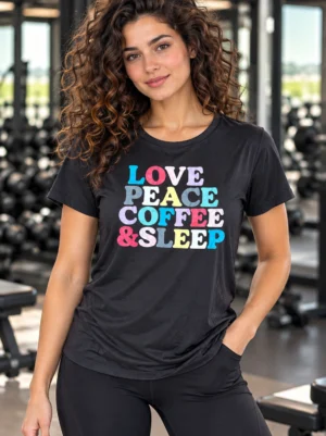 Love Peace Coffee & Sleep women's graphic t-shirt in black