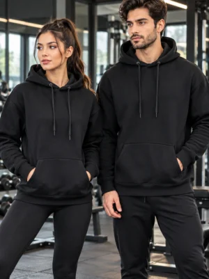 Black pullover hoodie by M.R.S. Sportwear, unisex essential with drawstring hood and kangaroo pocket