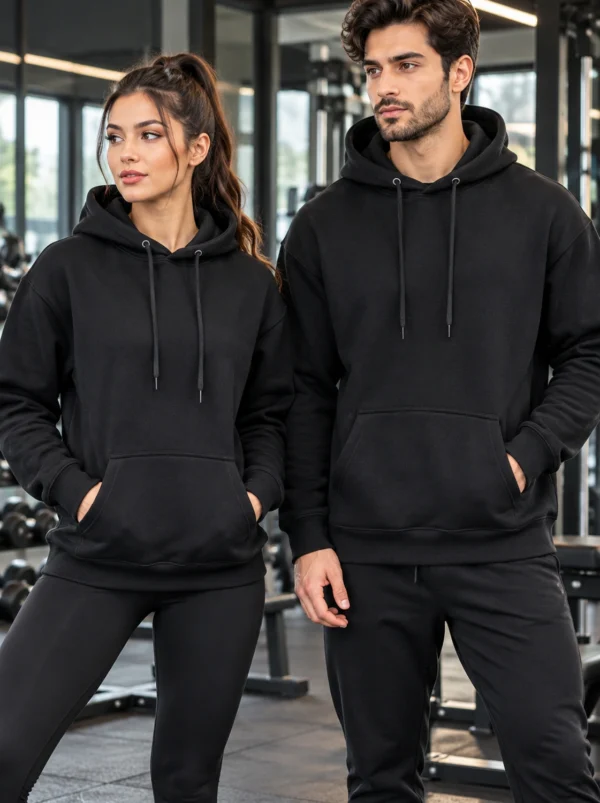 Black pullover hoodie by M.R.S. Sportwear, unisex essential with drawstring hood and kangaroo pocket
