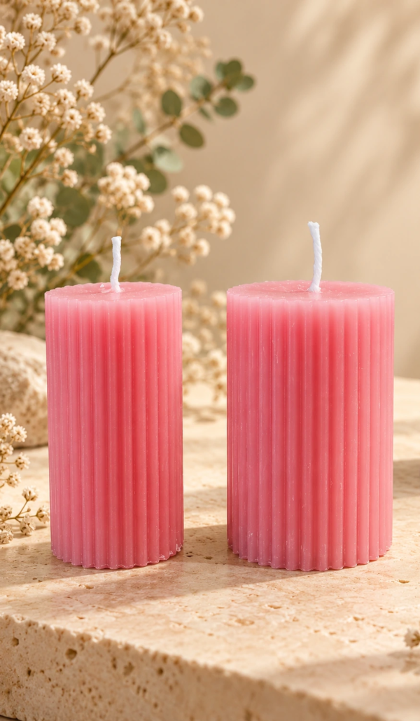 Blush Pink Ribbed Pillar Candle