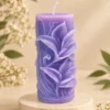Lavender Bloom Sculpted Pillar Candle with raised floral carving in rich purple