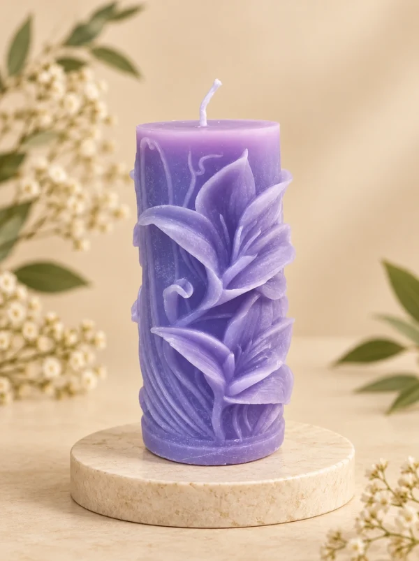 Lavender Bloom Sculpted Pillar Candle with raised floral carving in rich purple