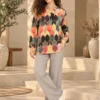 Geometric print summer tunic for women in coral, mustard, teal and cream with gold-tone outlines