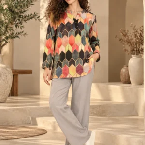 Geometric print summer tunic for women in coral, mustard, teal and cream with gold-tone outlines