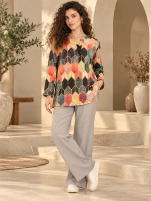 Geometric print summer tunic for women in coral, mustard, teal and cream with gold-tone outlines