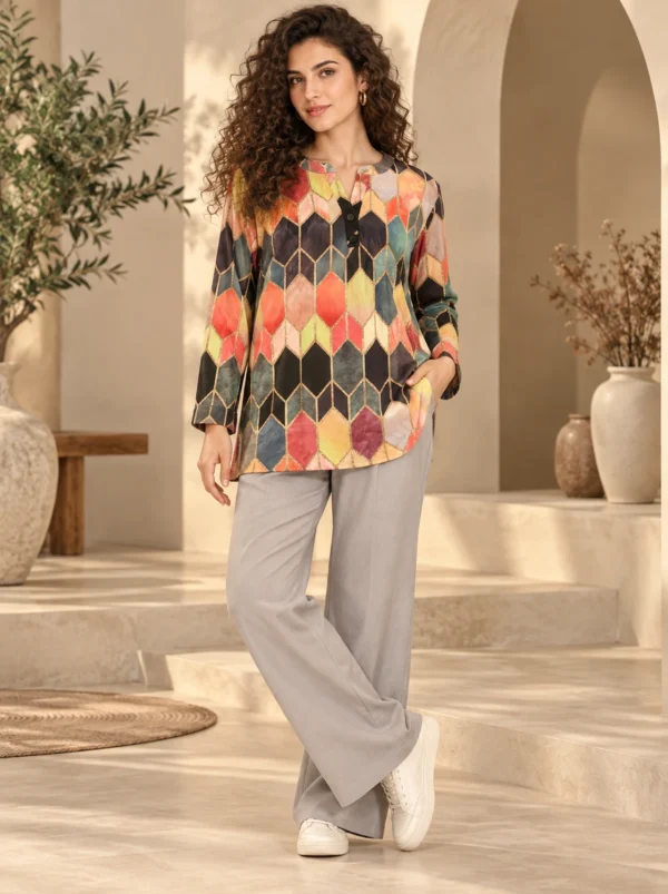 Geometric print summer tunic for women in coral, mustard, teal and cream with gold-tone outlines
