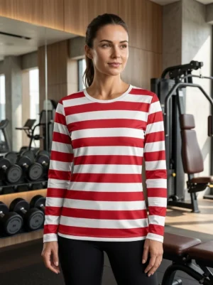 Women's red and white striped t-shirt with long sleeves and crew neck, size Medium