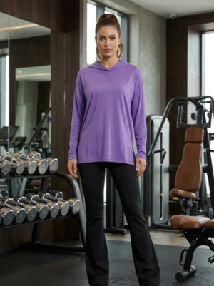 Women's purple lightweight hoodie with long sleeves and hood, size Medium, front view
