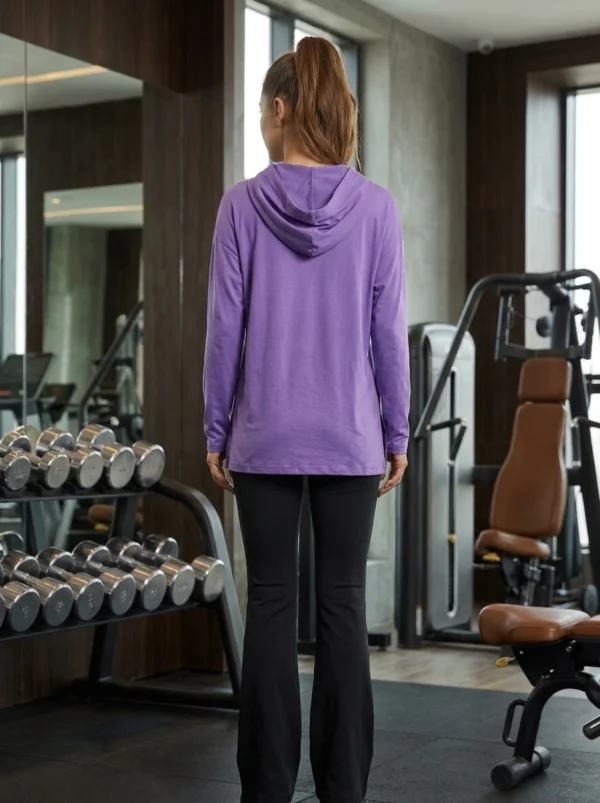 Purple lightweight hoodie back view showing longer back hem