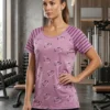 Amour striped-sleeve athletic tee for women in mauve heart print, front view Amour striped-sleeve athletic tee for women in mauve heart print, front view