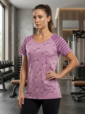 Amour striped-sleeve athletic tee for women in mauve heart print, front view