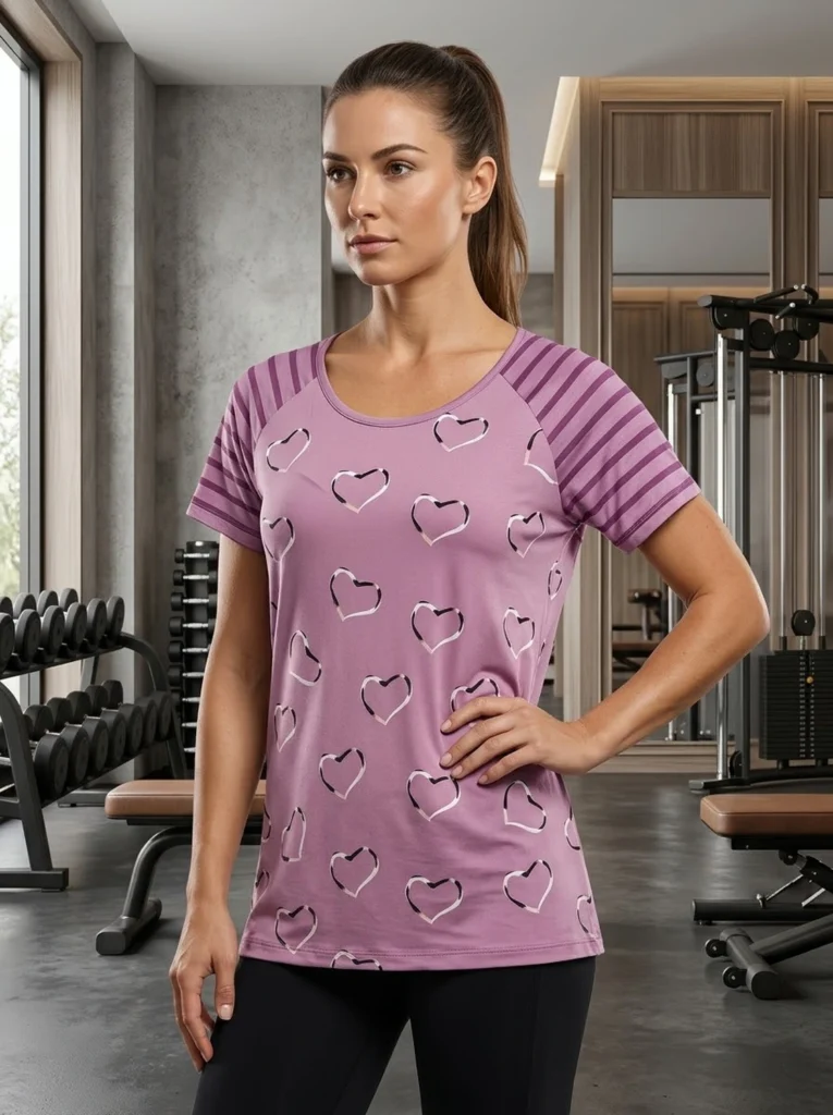 Amour striped-sleeve athletic tee for women in mauve heart print, front view