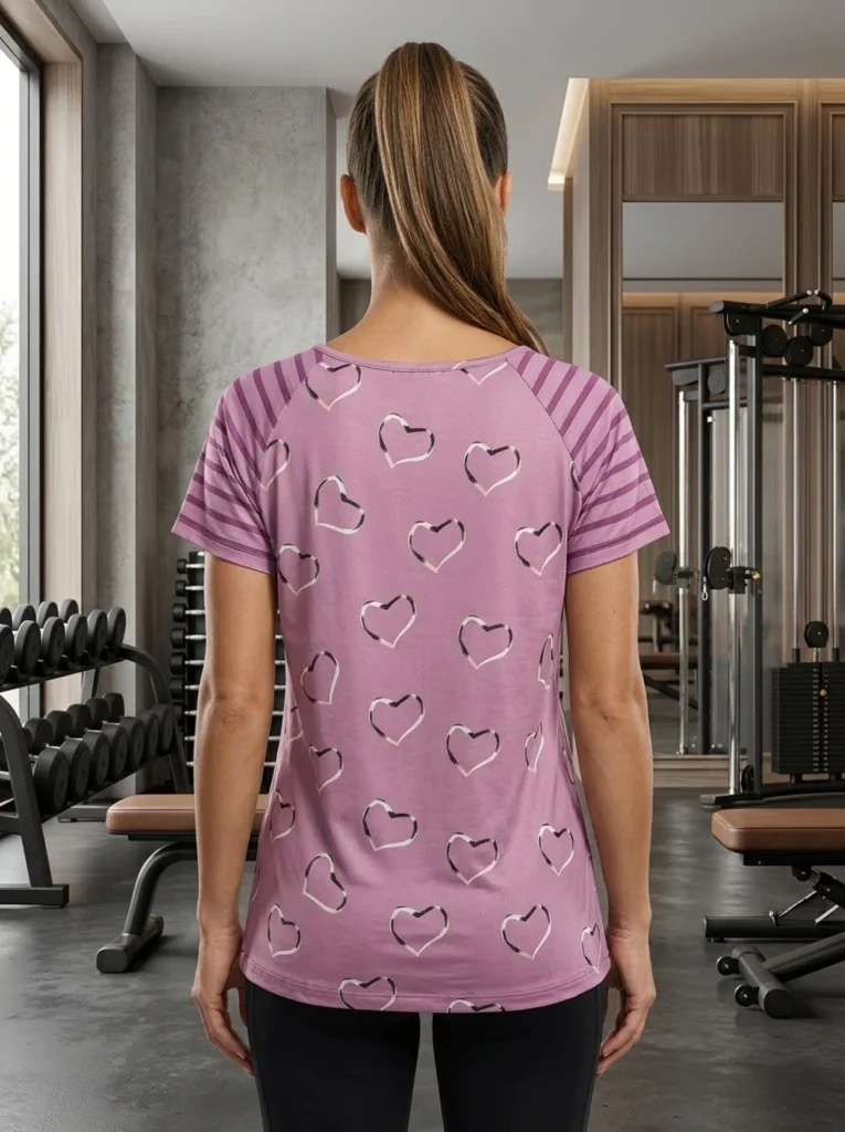 Back view of the Amour striped-sleeve athletic tee showing heart print and striped raglan sleeves