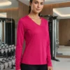 Aura Luxe V-neck performance long-sleeve top in magenta for women, front view with V-neckline