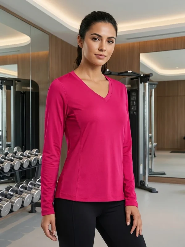 Aura Luxe V-neck performance long-sleeve top in magenta for women, front view with V-neckline