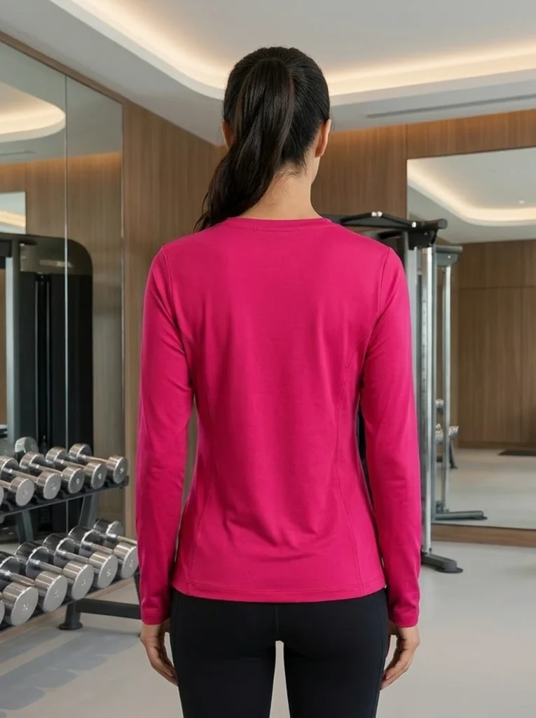 Back view of the magenta Aura Luxe V-neck performance long-sleeve top