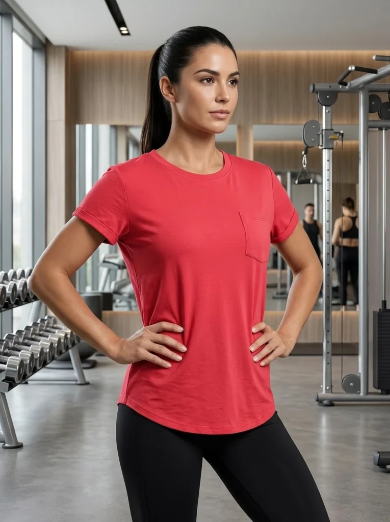 Aura Luxe everyday pocket performance tee in coral pink for women, front view with chest pocket and crew neck