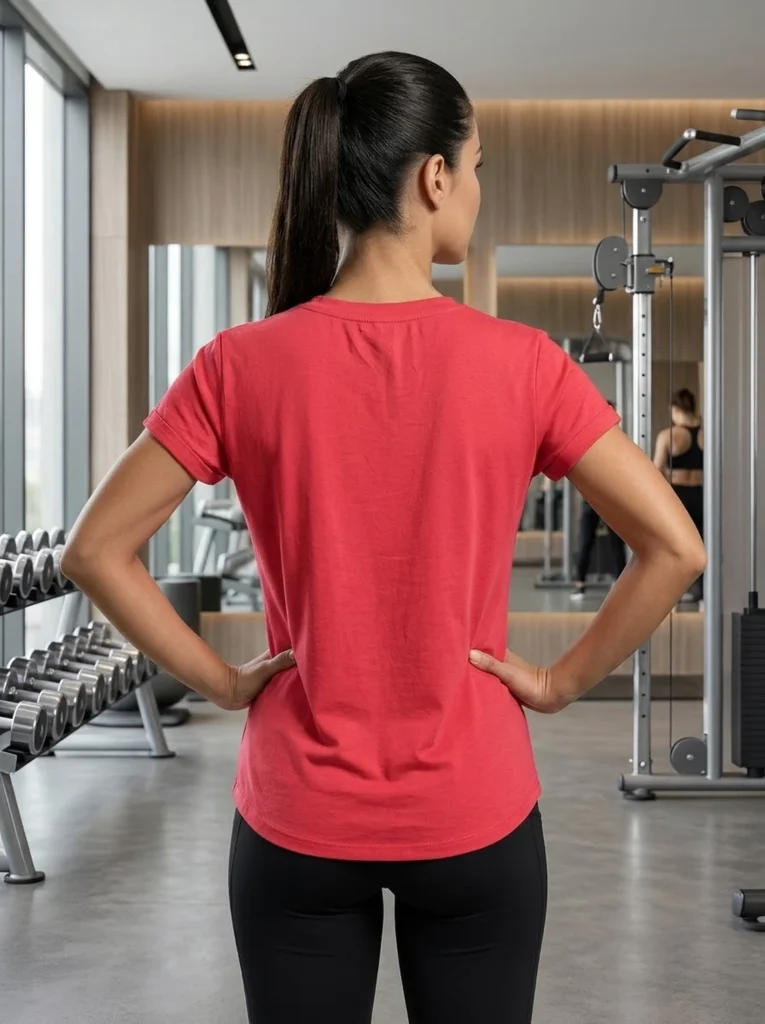 Back view of the coral Aura Luxe everyday pocket performance tee with curved hem