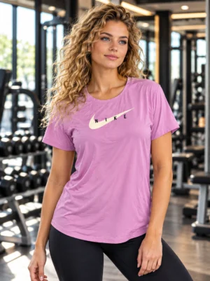 Pre-loved Nike Dri-FIT statement tee in lilac for women, front view with Nike swoosh graphic