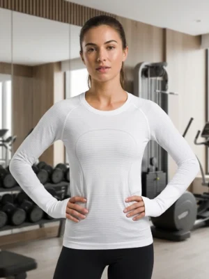 Pre-loved Lululemon Swiftly Tech long sleeve shirt in white for women, front view with crew neck and thumbholes