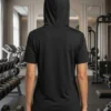 IMG_7183 Attached hood detail on the black Short-Sleeve Performance Hoodie T-Shirt