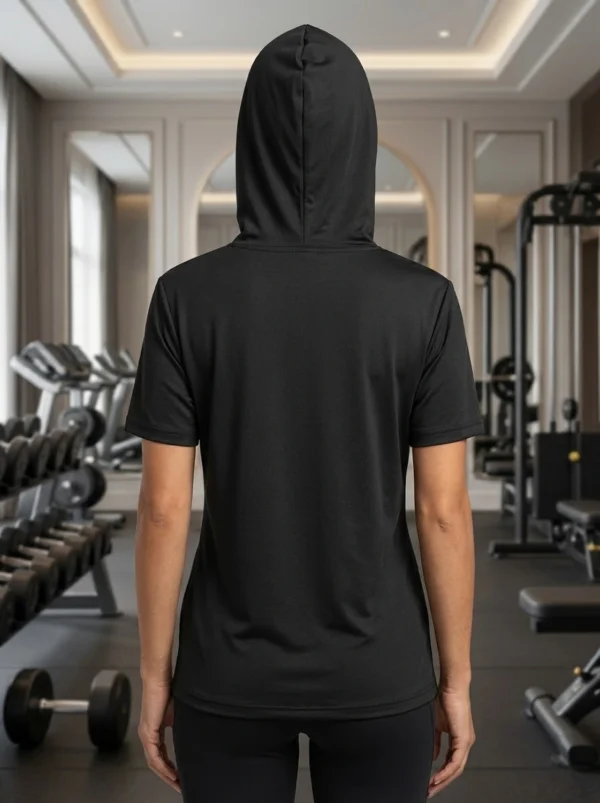 IMG_7183 Attached hood detail on the black Short-Sleeve Performance Hoodie T-Shirt