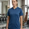 Heathered texture and hood on the Blue Heathered Performance Hoodie T-Shirt