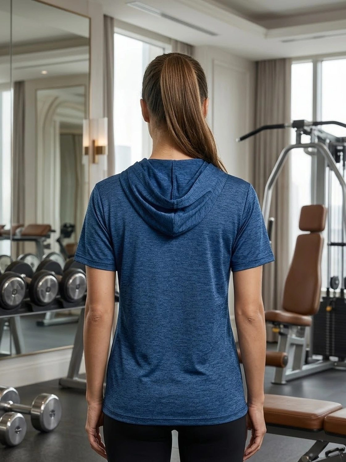 Women's Blue Heathered Performance Hoodie T-Shirt by M.R.S Sportswear