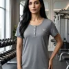 IMG_7193 Women's Grey Button-Front Performance Gym T-Shirt by M.R.S Sportswear