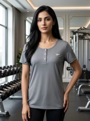 Women's Grey Button-Front Performance Gym T-Shirt by M.R.S Sportswear