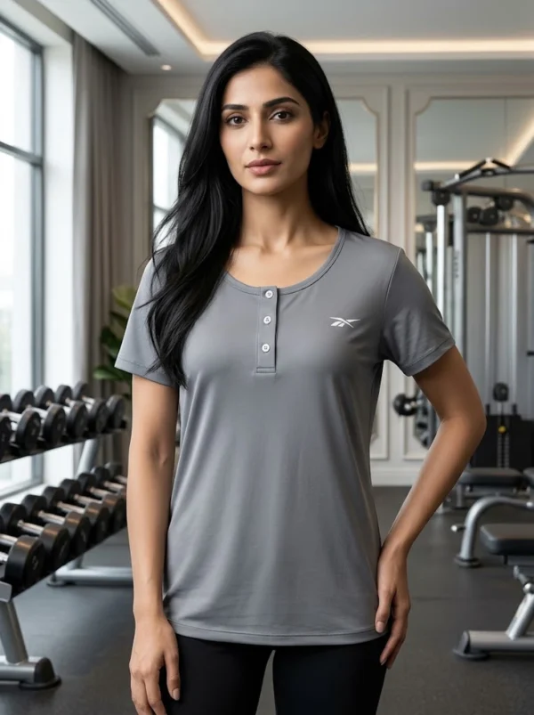 IMG_7193 Women's Grey Button-Front Performance Gym T-Shirt by M.R.S Sportswear