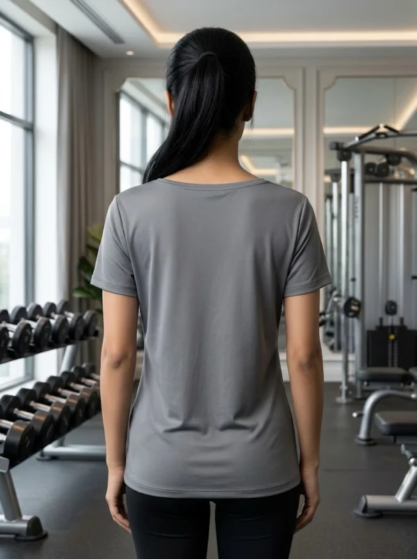 IMG_7194 Scoop neck and three-button placket on the Grey Button-Front Performance Gym T-Shirt
