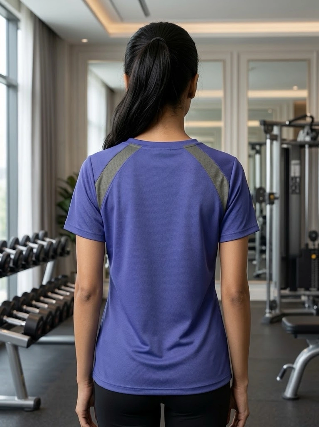 Olive-grey shoulder panels and raglan sleeves on the Blue Color-Block Performance Gym T-Shirt