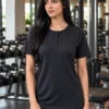 Women's Charcoal Black Heathered Henley Gym T-Shirt by M.R.S Sportswear