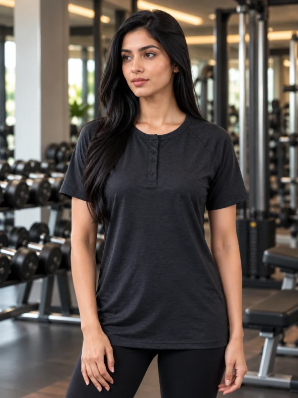 Women's Charcoal Black Heathered Henley Gym T-Shirt by M.R.S Sportswear