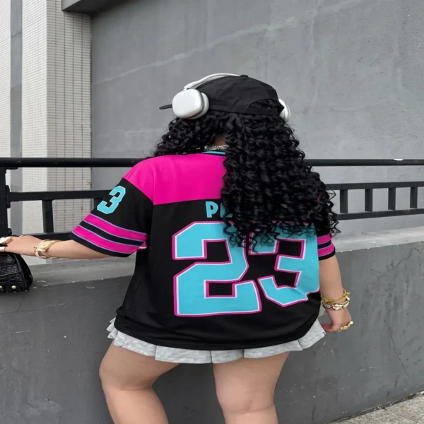 Black oversized varsity jersey t-shirt for women - California 23 back view