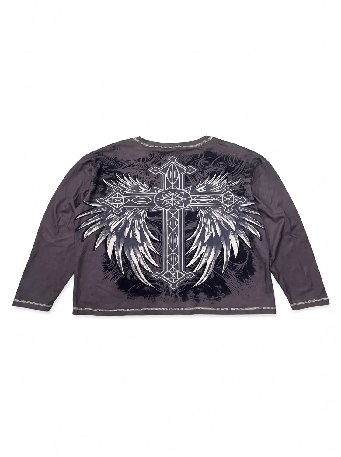 Y2K gothic winged cross tee charcoal grey oversized long sleeve front and back
