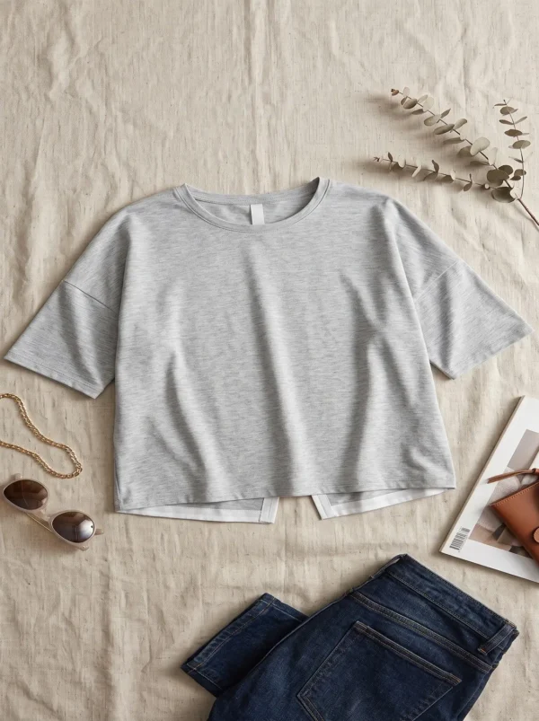 Make_picture_good_quality_2K_20261018144949 Back view of the split-back hem on the relaxed fit cropped athletic tee