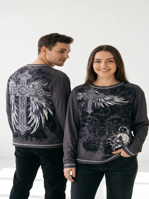 Man_and_woman_wearing_t-shirt_2K_20261016193500 Man and woman wearing the Y2K gothic winged cross tee