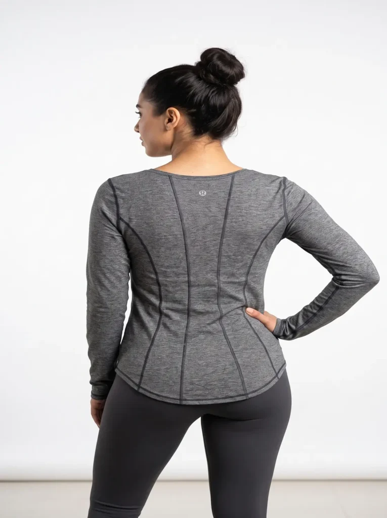 Contoured seam athletic long sleeve top in heather grey worn by a model