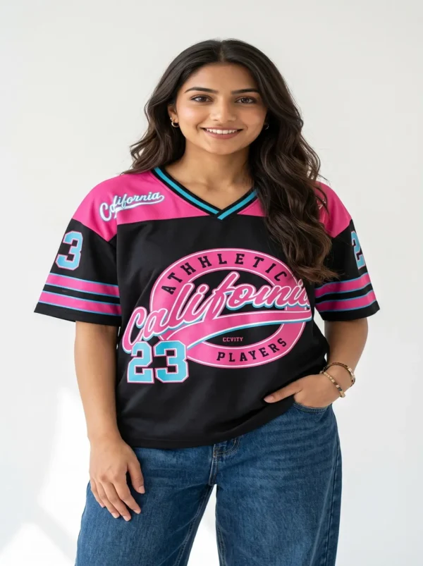 Model wearing the California 23 Oversized Athletic Jersey